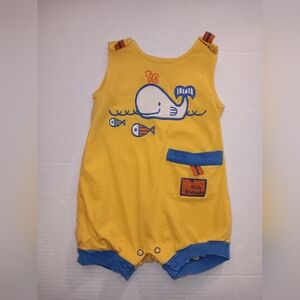 Vintage Yellow Whale And Fish Embroidered Baby Romper. Blue Detail
